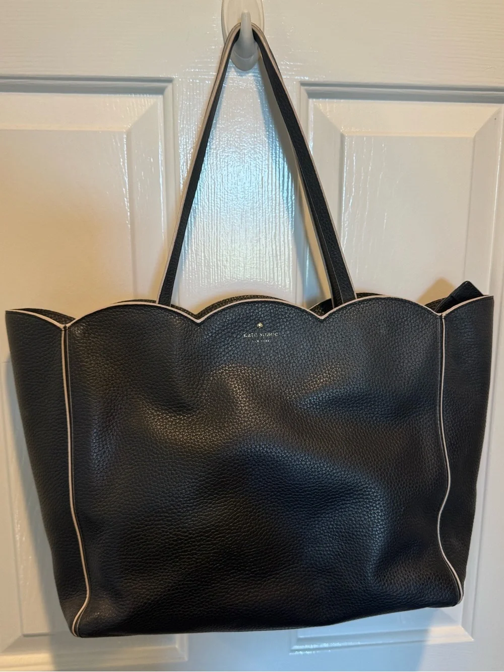 kate spade Dark Navy Pebble Leather Scallop-Top Tote with Cream Trim